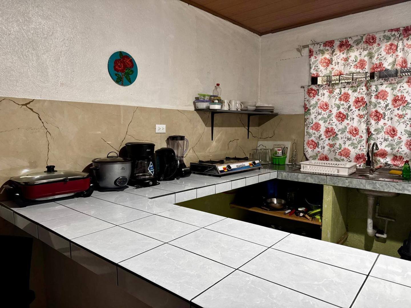 A private kitchen with tiled counter, stove, rice cooker, blender and coffee maker